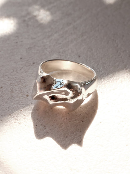 Close-up of a sterling silver ring featuring dramatic light and shadow highlighting the liquid-like form and high polish finish. The ring is 12mm wide at its widest point.