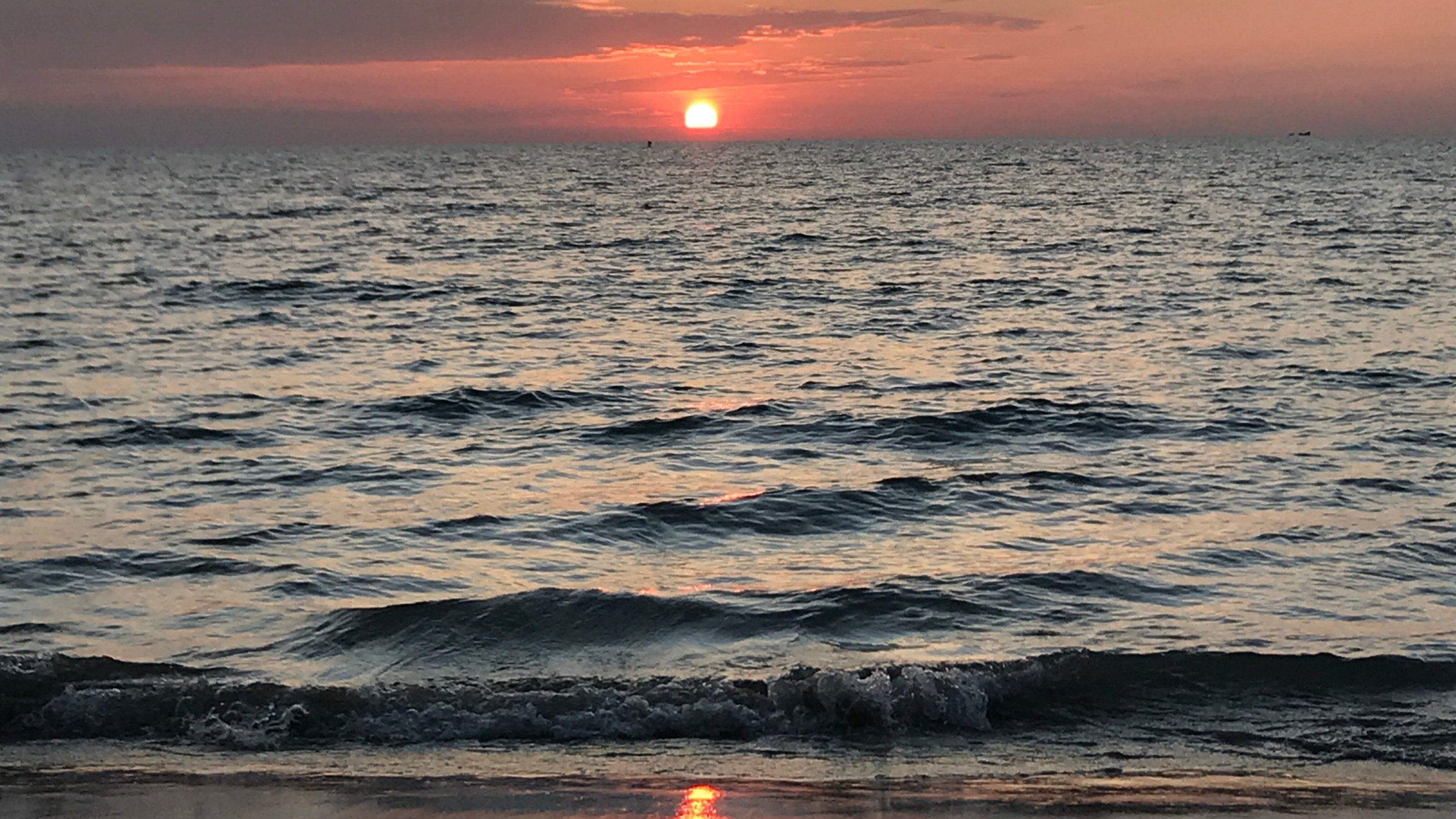 A rosey and lavendar sunset over a calm and inky pacific ocean, a wave gently crashing in the foreground.