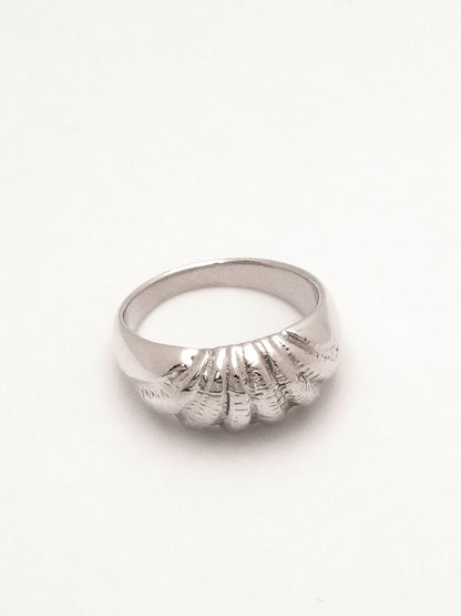 A sterling silver ring with a domed profile and intricate carving across the top mimicking the texture and radiating ridges of a seashell.  Shot lying flat from a three quarter topdown view to capture the ring's tapering form and the ridged texture. 